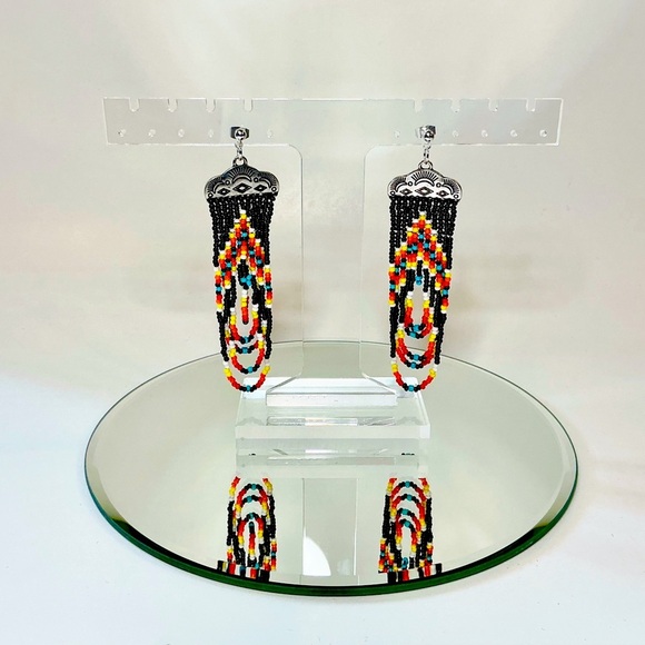 Southwestern Seed Bead Tassel Earrings Hand Crafted Sterling Silver Hardware - Picture 2 of 6